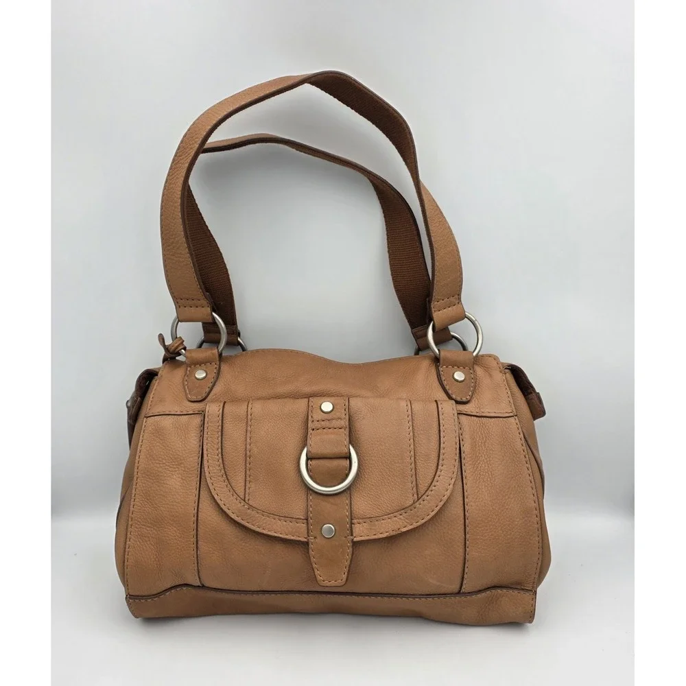 Vtg Fossil Maddox Tan Beige Leather Satchel Purse Bag Top Handles Lg. Key Charm